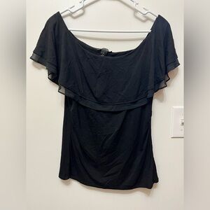 White House Black Market Chic Black Sheer Hem Off Shoulder Ruffle Top size M